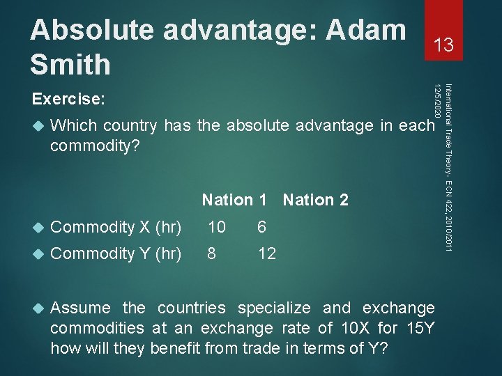 Absolute advantage: Adam Smith International Trade Theory- ECN 422, 2010/2011 12/5/2020 Exercise: 13 Which