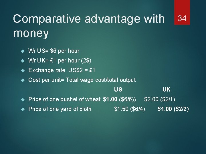 Comparative advantage with money Wr US= $6 per hour Wr UK= £ 1 per