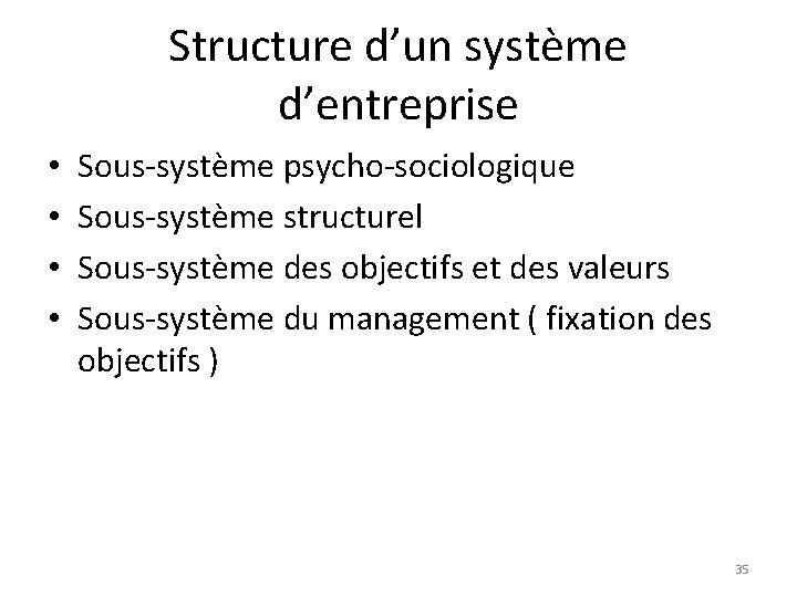 Structure d’un système d’entreprise • • Sous-système psycho-sociologique Sous-système structurel Sous-système des objectifs et