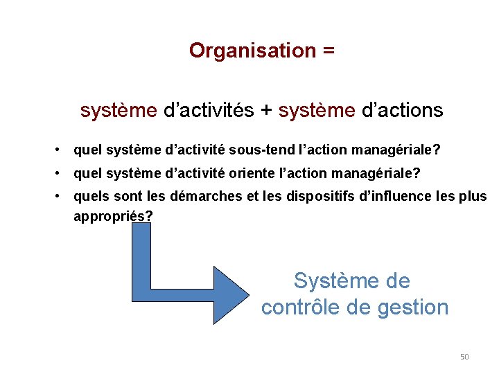 Organisation = système d’activités + système d’actions • quel système d’activité sous-tend l’action managériale?