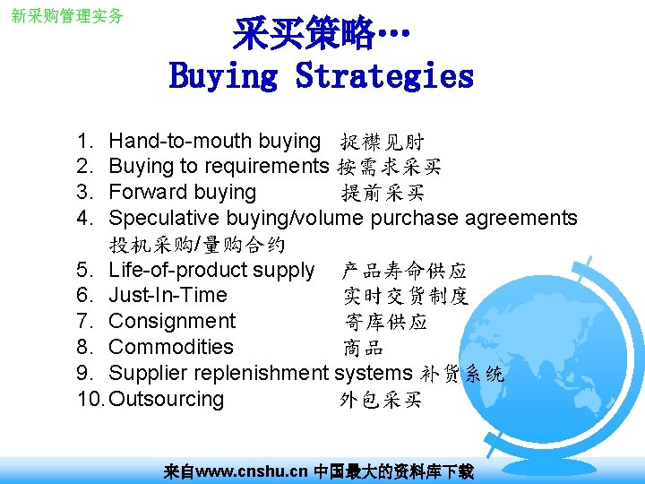 新采购管理实务 采买策略… Buying Strategies 1. 2. 3. 4. Hand-to-mouth buying 捉襟见肘 Buying to requirements