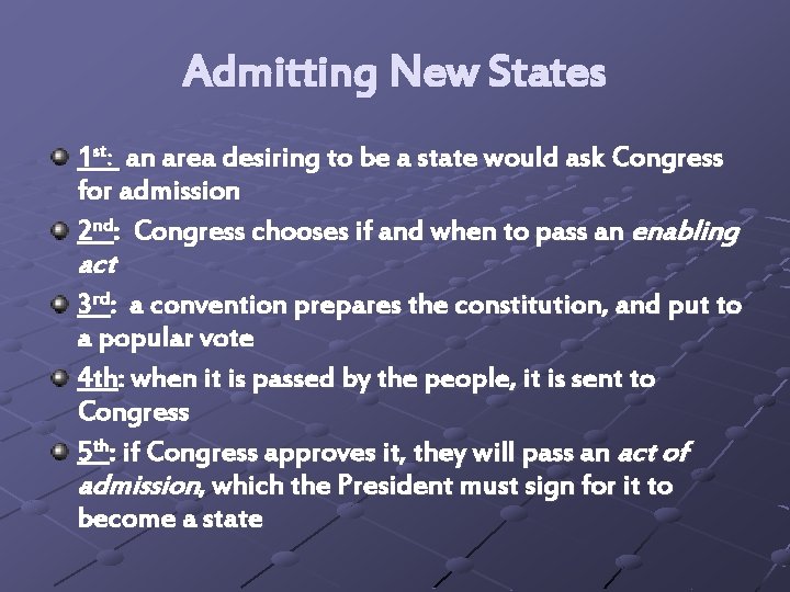 Admitting New States 1 st: an area desiring to be a state would ask
