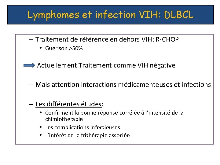 Lymphomes et infection VIH: DLBCL – Traitement de référence en dehors VIH: R-CHOP •