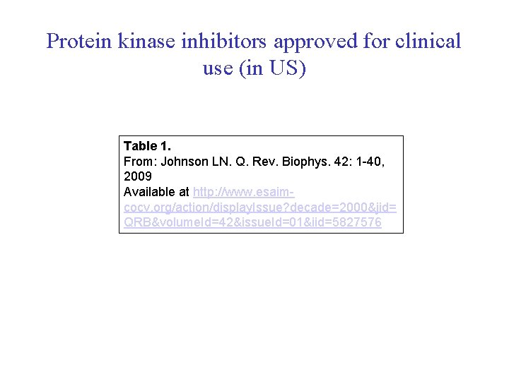 Protein kinase inhibitors approved for clinical use (in US) Table 1. From: Johnson LN.
