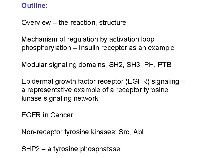 Outline: Overview – the reaction, structure Mechanism of regulation by activation loop phosphorylation –