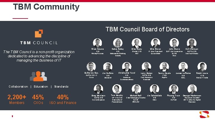 TBM Community TBM Council Board of Directors The TBM Council is a non-profit organization
