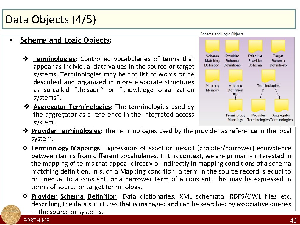 Data Objects (4/5) • Schema and Logic Objects: v Terminologies: Controlled vocabularies of terms