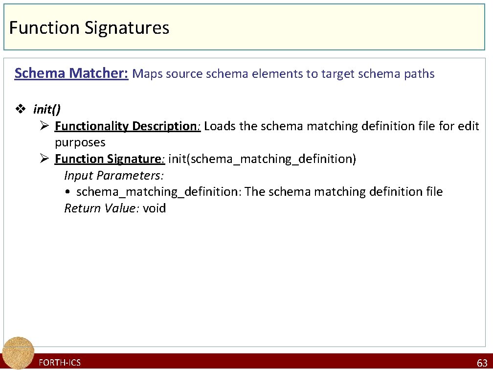 Function Signatures Schema Matcher: Maps source schema elements to target schema paths v init()