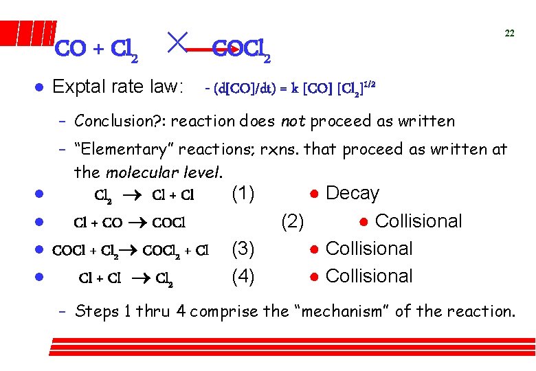 CO + Cl 2 l Exptal rate law: 22 COCl 2 - (d[CO]/dt) =