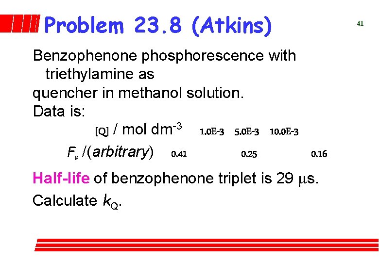 Problem 23. 8 (Atkins) Benzophenone phosphorescence with triethylamine as quencher in methanol solution. Data