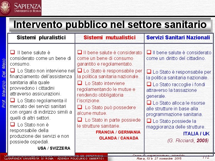 Intervento pubblico nel settore sanitario Sistemi pluralistici Prof. Maurizio Dal Maso q Il bene