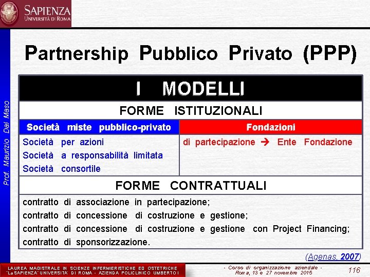 Partnership Pubblico Privato (PPP) Prof. Maurizio Dal Maso I MODELLI FORME ISTITUZIONALI Società miste