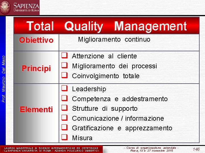 Total Quality Management Prof. Maurizio Dal Maso Obiettivo Miglioramento continuo Principi q Attenzione al