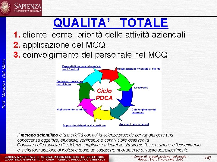 Prof. Maurizio Dal Maso QUALITA’ TOTALE 1. cliente come priorità delle attività aziendali 2.