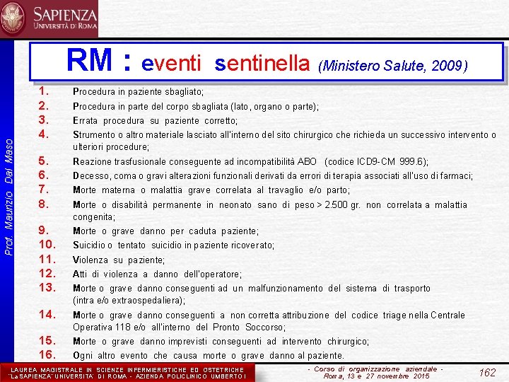 Prof. Maurizio Dal Maso RM : eventi sentinella (Ministero Salute, 2009) 1. 2. 3.