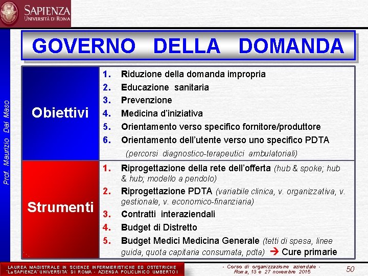 Prof. Maurizio Dal Maso GOVERNO DELLA DOMANDA Obiettivi 1. Riduzione della domanda impropria 2.
