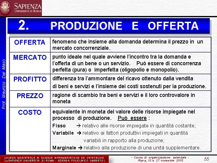 2. PRODUZIONE E OFFERTA Prof. Maurizio Dal Maso OFFERTA fenomeno che insieme alla domanda