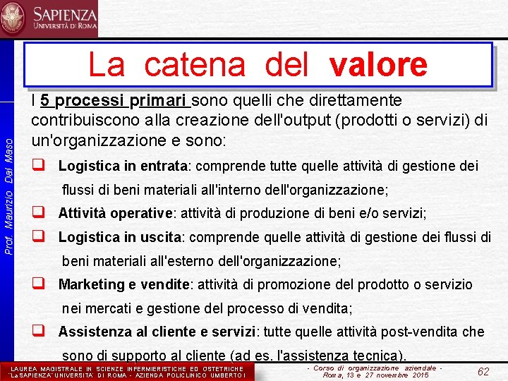 Prof. Maurizio Dal Maso La catena del valore I 5 processi primari sono quelli