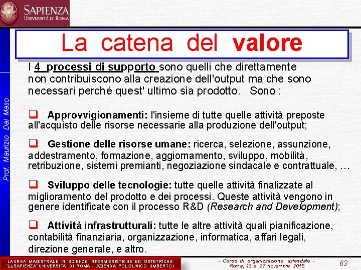 La catena del valore Prof. Maurizio Dal Maso I 4 processi di supporto sono