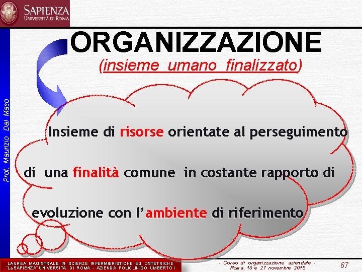  ORGANIZZAZIONE (insieme umano finalizzato) Prof. Maurizio Dal Maso Insieme di risorse orientate al