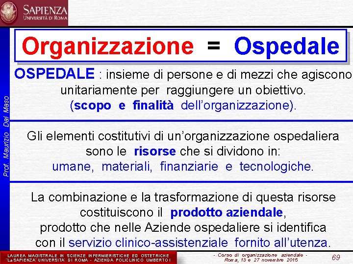 Organizzazione = Ospedale Prof. Maurizio Dal Maso OSPEDALE : insieme di persone e di