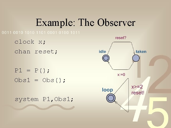 Example: The Observer clock x; chan reset; P 1 = P(); Obs 1 = Example: The Observer clock x; chan reset; P 1 = P(); Obs 1 =