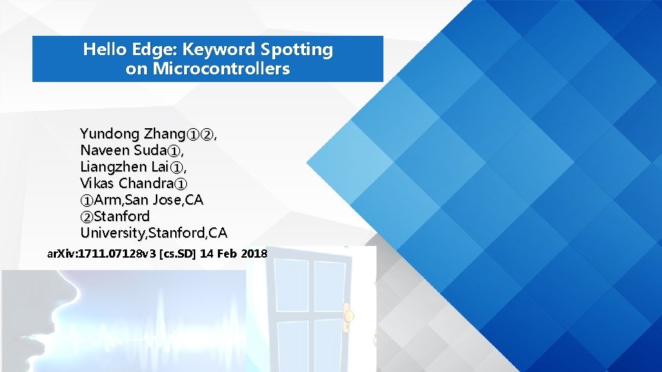 Hello Edge: Keyword Spotting on Microcontrollers Yundong Zhang①②, Naveen Suda①, Liangzhen Lai①, Vikas Chandra①