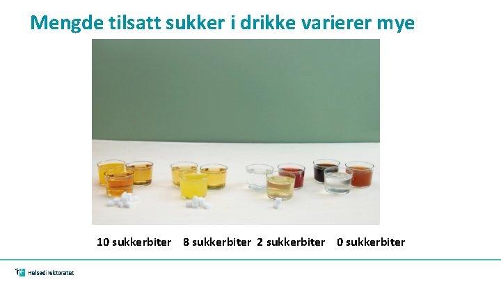 Mengde tilsatt sukker i drikke varierer mye 10 sukkerbiter 8 sukkerbiter 2 sukkerbiter 0 Mengde tilsatt sukker i drikke varierer mye 10 sukkerbiter 8 sukkerbiter 2 sukkerbiter 0