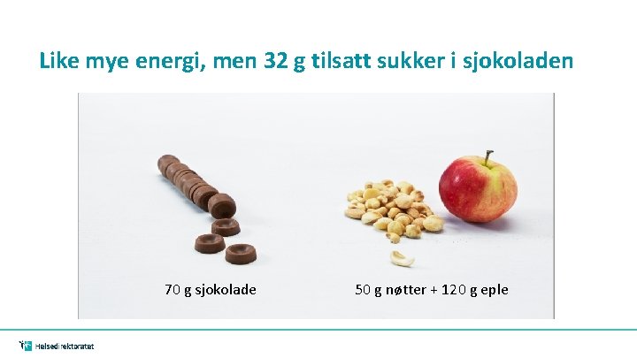 Like mye energi, men 32 g tilsatt sukker i sjokoladen 70 g sjokolade 50 Like mye energi, men 32 g tilsatt sukker i sjokoladen 70 g sjokolade 50