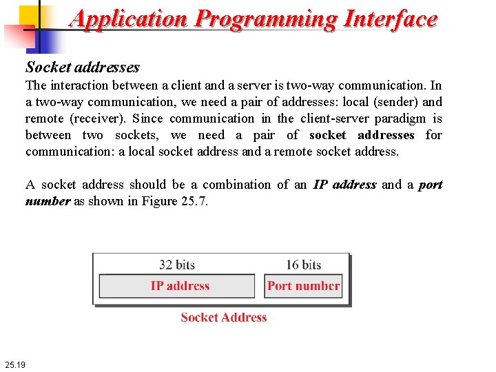 Application Programming Interface Socket addresses The interaction between a client and a server is