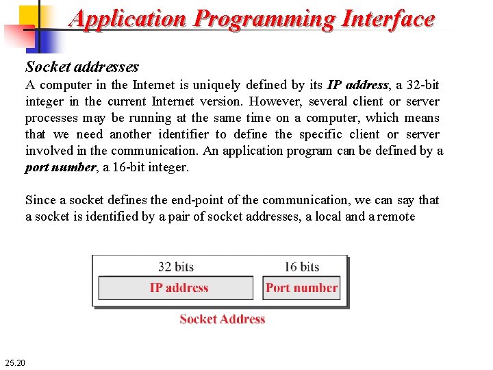 Application Programming Interface Socket addresses A computer in the Internet is uniquely defined by