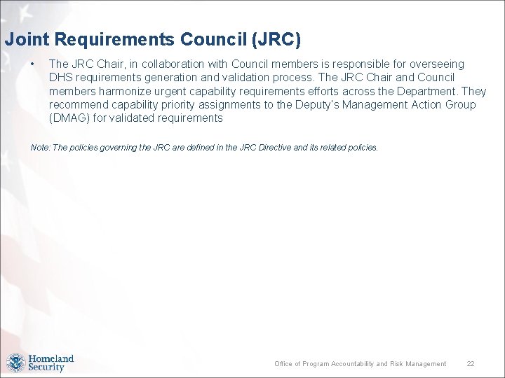 Joint Requirements Council (JRC) • The JRC Chair, in collaboration with Council members is