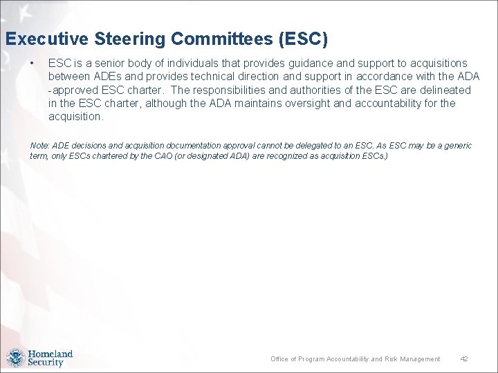 Executive Steering Committees (ESC) • ESC is a senior body of individuals that provides