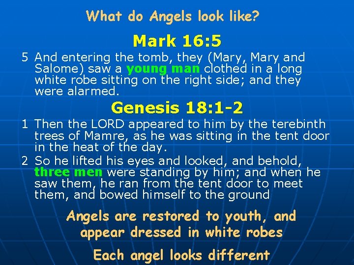 What do Angels look like? Mark 16: 5 5 And entering the tomb, they