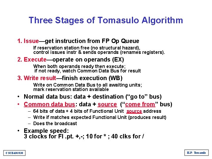 Three Stages of Tomasulo Algorithm 1. Issue—get instruction from FP Op Queue If reservation