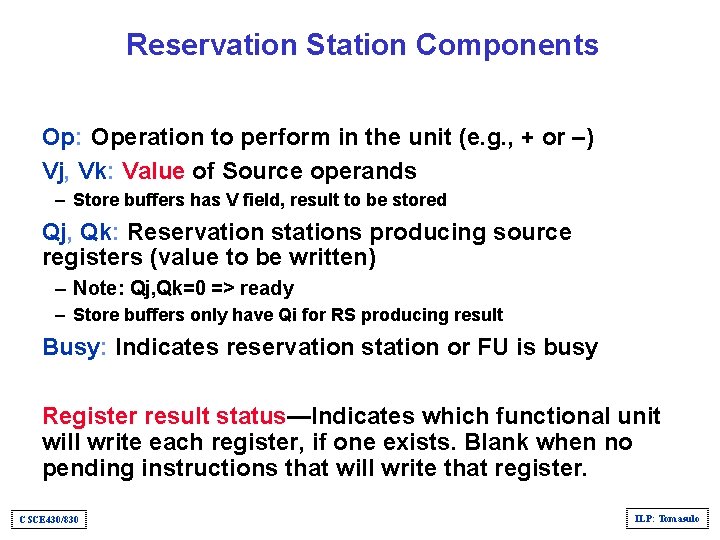 Reservation Station Components Op: Operation to perform in the unit (e. g. , +