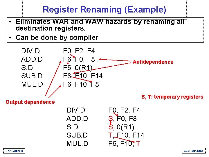 Register Renaming (Example) • Eliminates WAR and WAW hazards by renaming all destination registers.