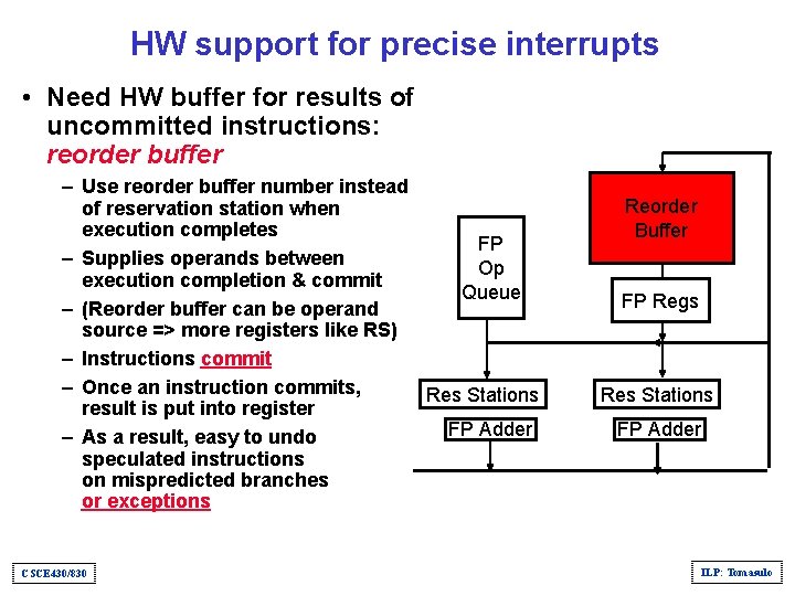 HW support for precise interrupts • Need HW buffer for results of uncommitted instructions:
