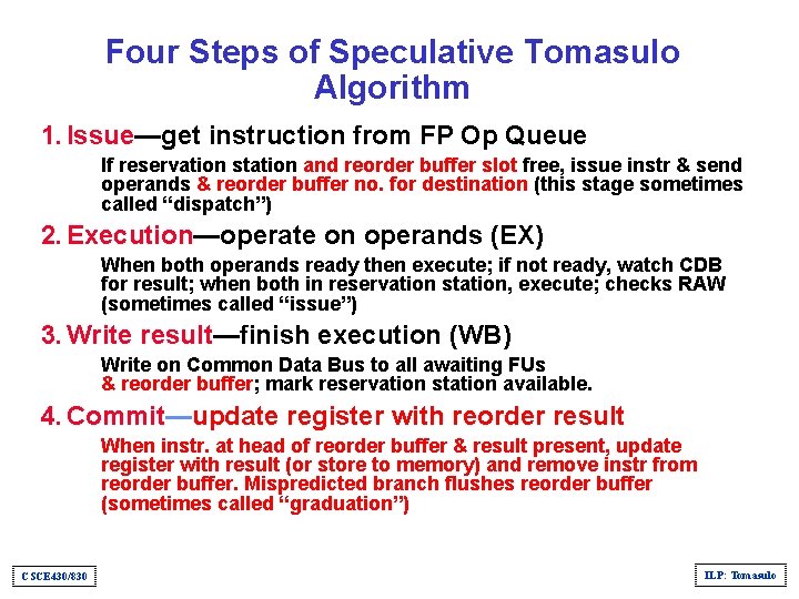Four Steps of Speculative Tomasulo Algorithm 1. Issue—get instruction from FP Op Queue If