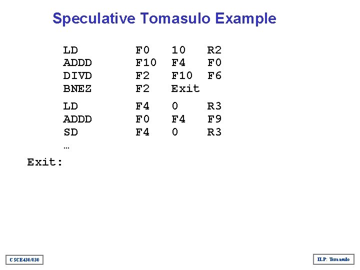 Speculative Tomasulo Example LD ADDD DIVD BNEZ LD ADDD SD … F 0 F