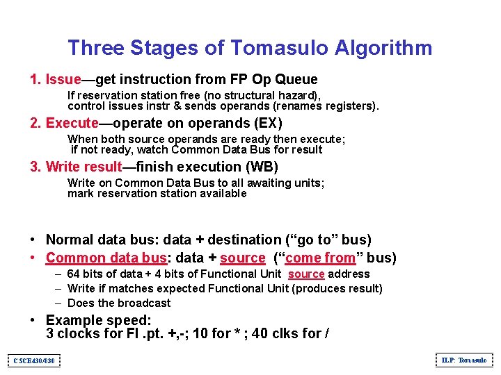 Three Stages of Tomasulo Algorithm 1. Issue—get instruction from FP Op Queue If reservation