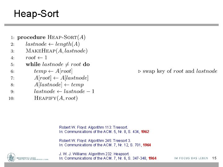 Heap-Sort Robert W. Floyd: Algorithm 113: Treesort. In: Communications of the ACM. 5, Nr.