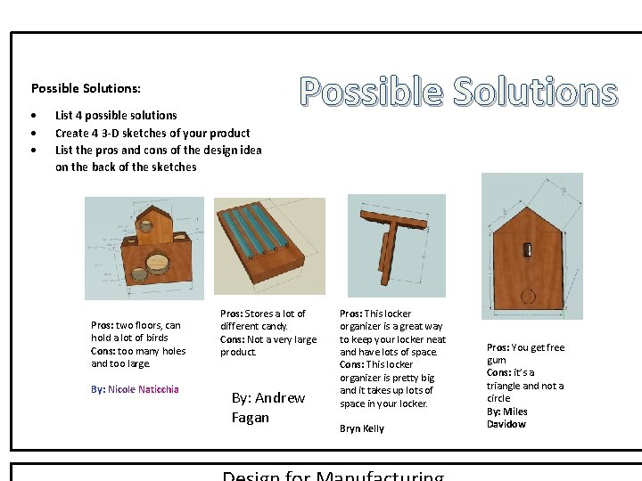 Possible Solutions: List 4 possible solutions Create 4 3 -D sketches of your product