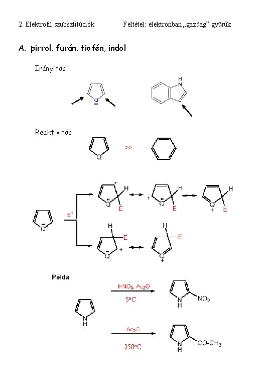 2. Elektrofil szubsztitúciók Feltétel: elektronban „gazdag” gyűrűk A. pirrol, furán, tiofén, indol Irányítás Reaktivitás