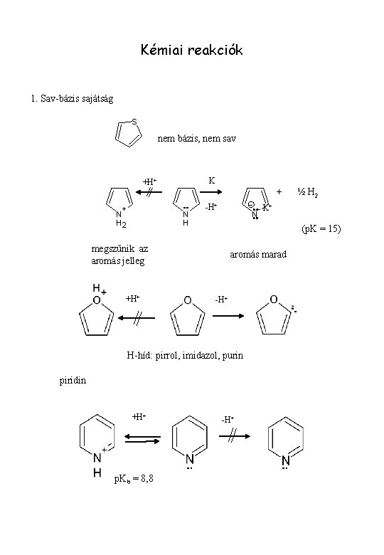 Kémiai reakciók 1. Sav-bázis sajátság S nem bázis, nem sav K +H+ + N