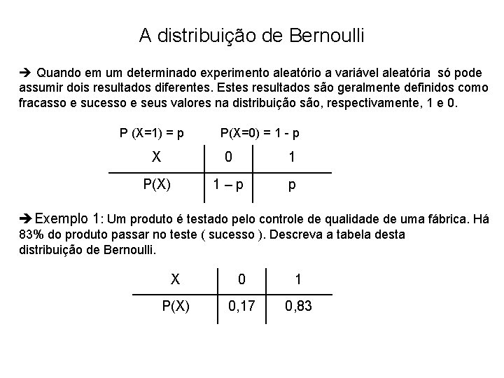 A distribuição de Bernoulli Quando em um determinado experimento aleatório a variável aleatória só