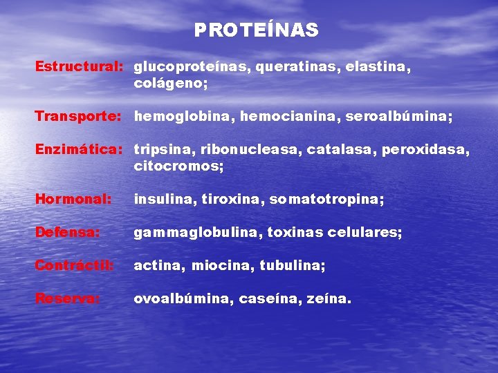 PROTEÍNAS Estructural: glucoproteínas, queratinas, elastina, colágeno; Transporte: hemoglobina, hemocianina, seroalbúmina; Enzimática: tripsina, ribonucleasa, catalasa,