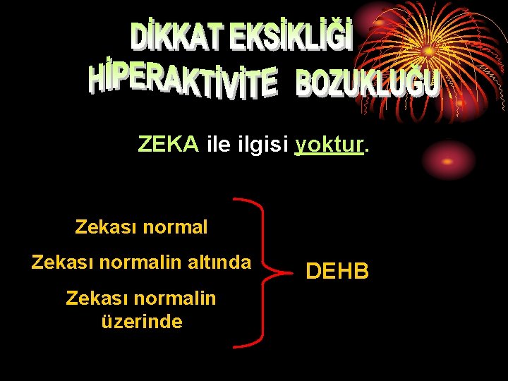 ZEKA ile ilgisi yoktur. Zekası normalin altında Zekası normalin üzerinde DEHB 