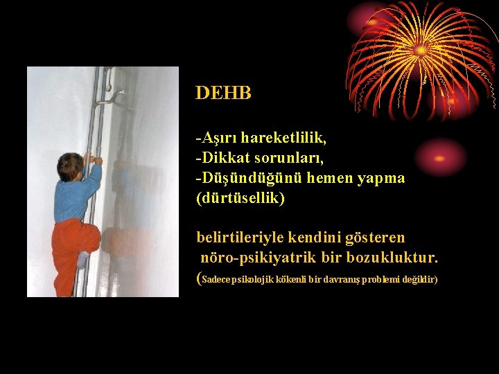 DEHB -Aşırı hareketlilik, -Dikkat sorunları, -Düşündüğünü hemen yapma (dürtüsellik) belirtileriyle kendini gösteren nöro-psikiyatrik bir