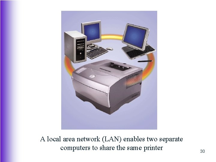 A local area network (LAN) enables two separate computers to share the same printer